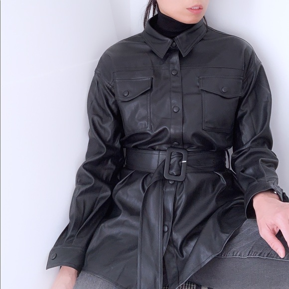 FAUX LEATHER BELTED SHACKET - BLACK - Picture 6 of 9